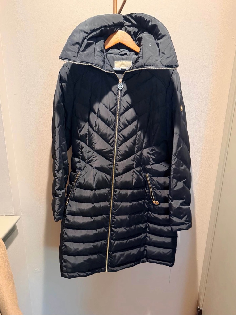 Michael Kors Black Quilted Long Puffer Coat with Gold Hardware